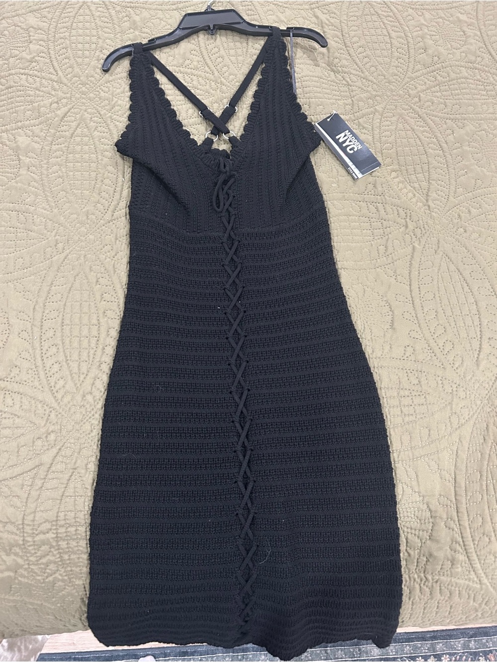 NYC Black Crochet Mini Dress with Lace-Up Front